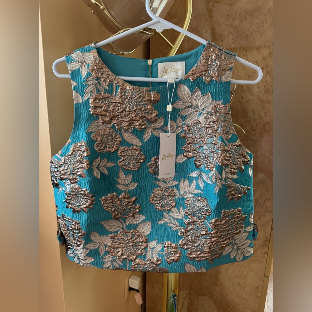 NWT Lilly Pulitzer Annaleese crop top Tangier Teal Metallic Floral Jacquard New